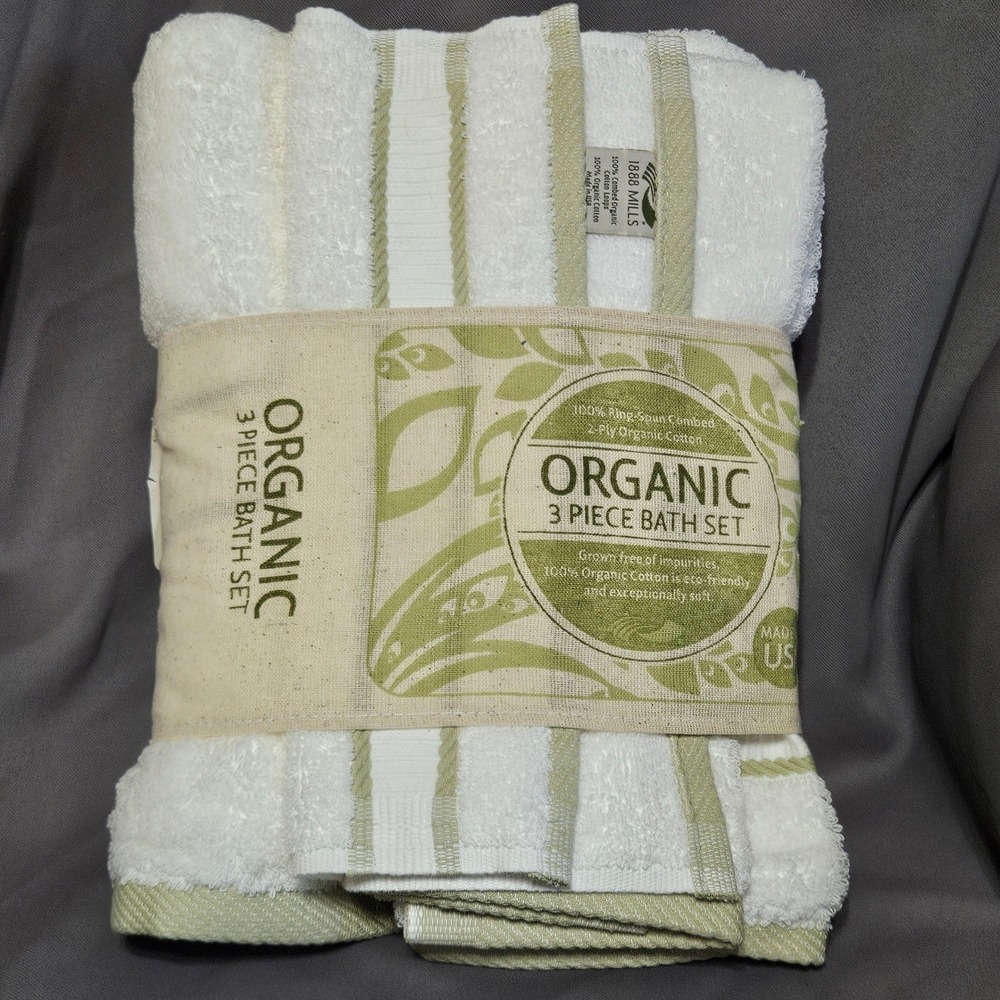 1888 Mills 3 Piece Organic Cotton Bath Towel Set White Sage Green Made in USA